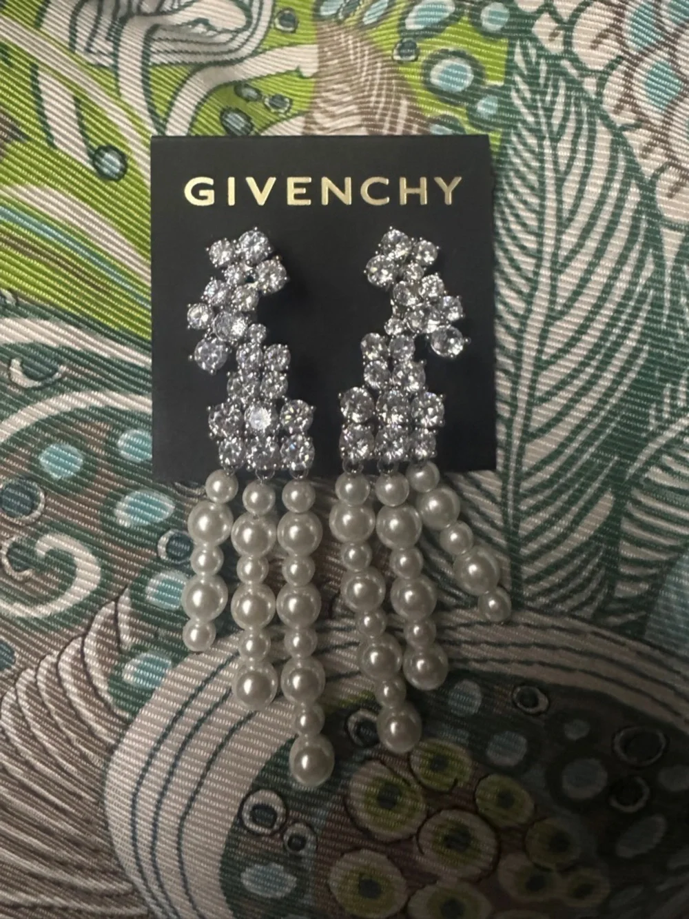 Givenchy Crystal Cluster Drop Earrings with White Pearl Tassels
